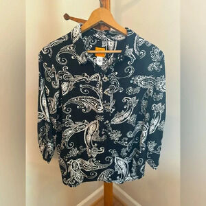 Ruby Rd Large Black and White Paisley Button Down 3/4 Sleeve Top